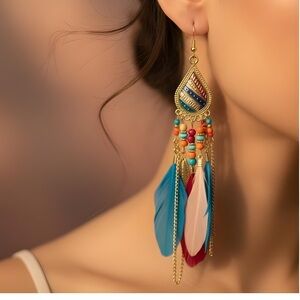 Gold and Blue Chandelier Earrings with Multiple Tiers